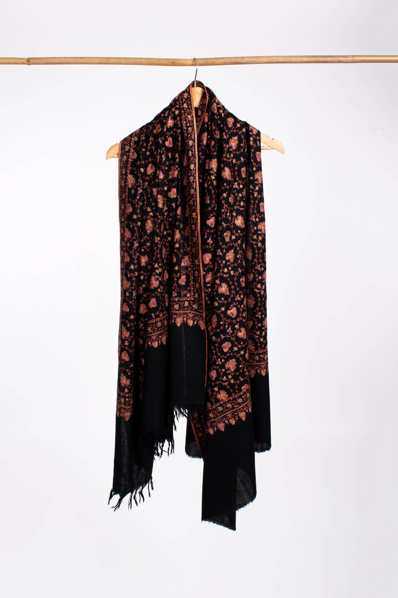 Black Sozni Embroidered Khaki Kaar Pashmina Shawl - WALPI