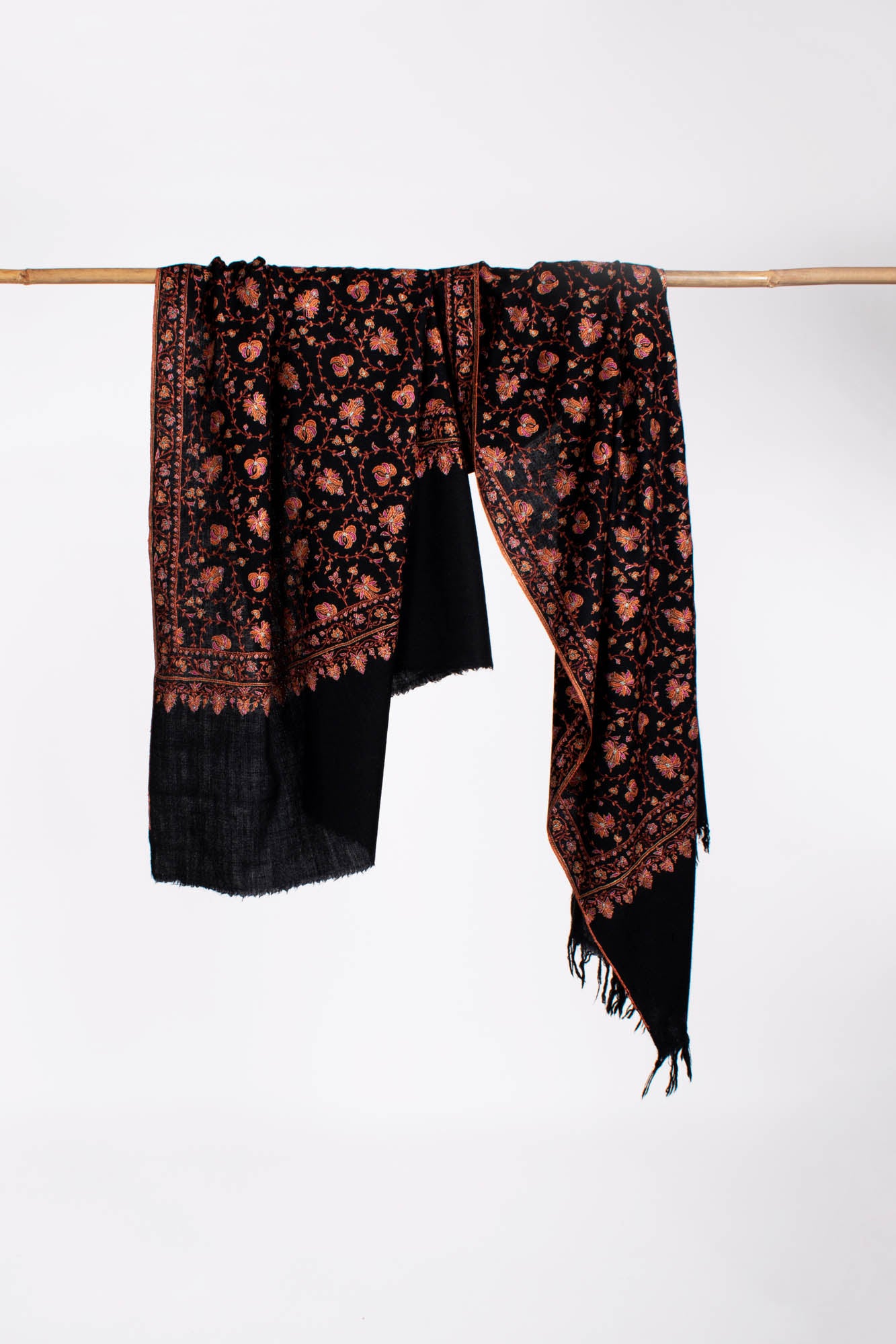 Black Sozni Embroidered Khaki Kaar Pashmina Shawl - WALPI