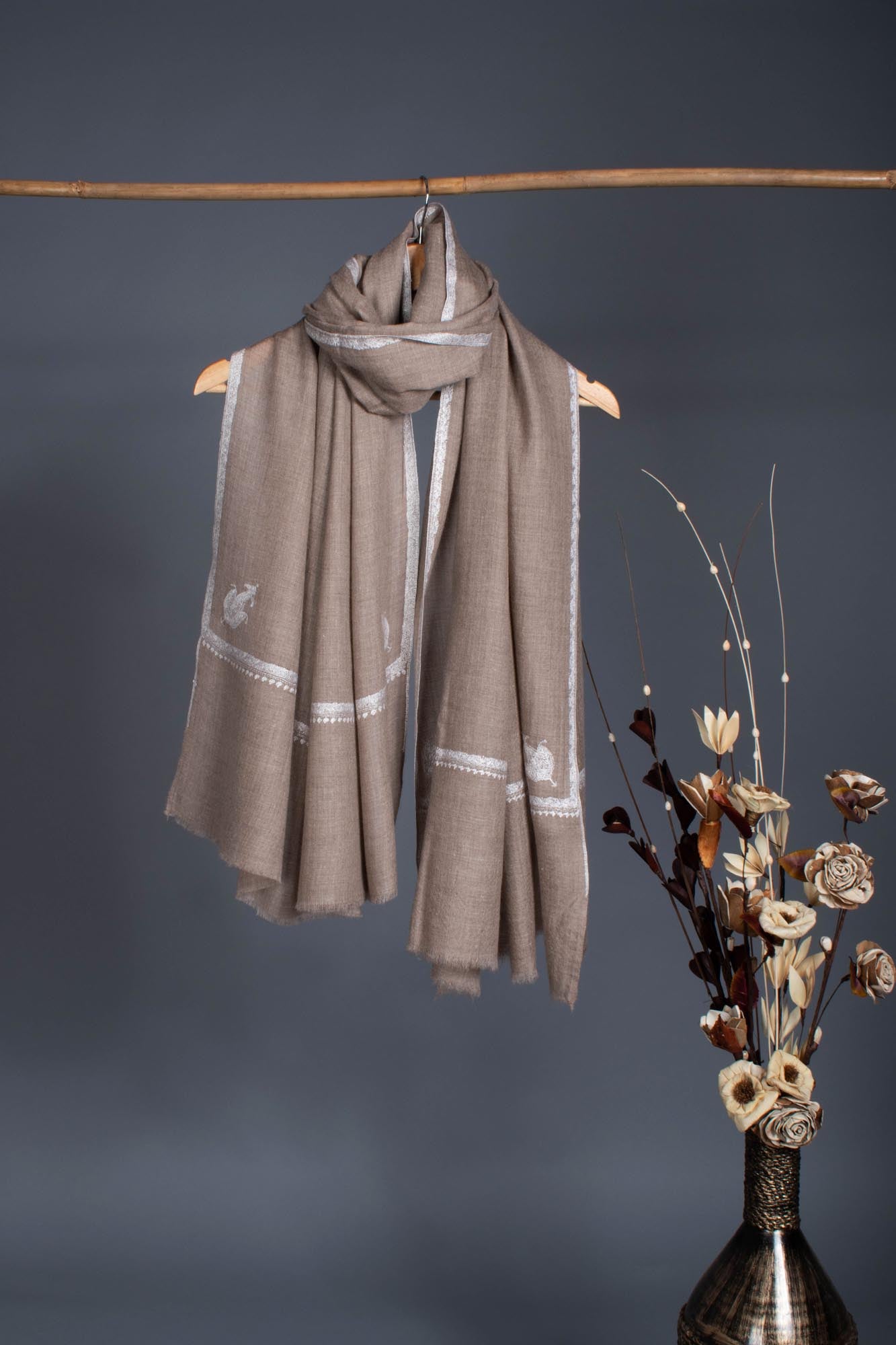 Grey Handloomed Artistically Embroidered Pashmina Wrap - STREET