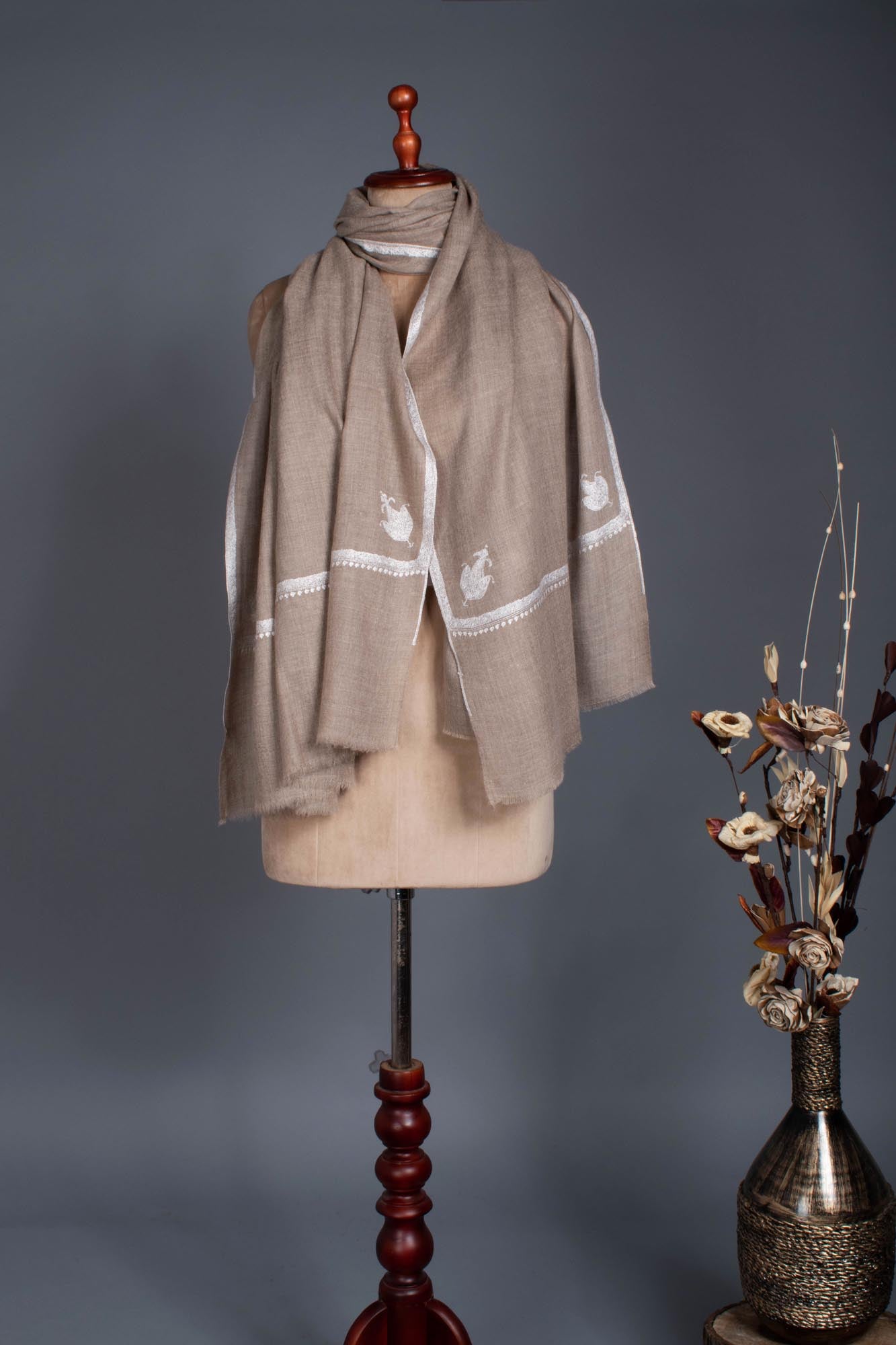 Grey Handloomed Artistically Embroidered Pashmina Wrap - STREET