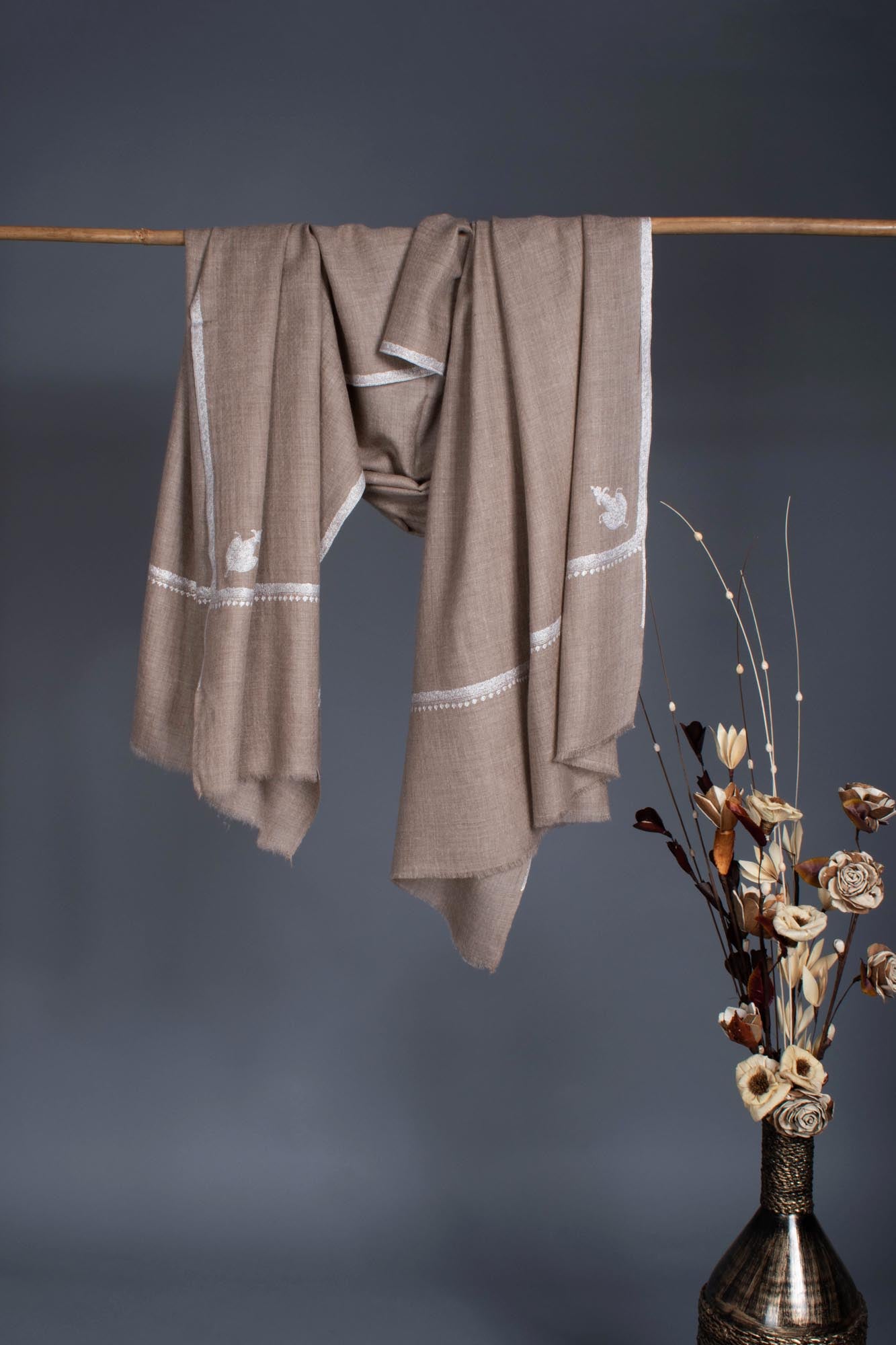 Grey Handloomed Artistically Embroidered Pashmina Wrap - STREET