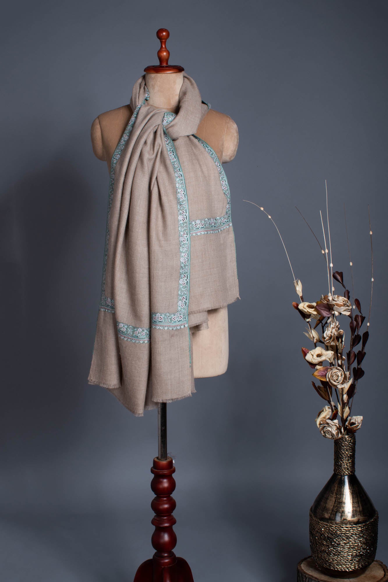 Gray Pashmina Scarf featuring Kashmir Embroidery in a subtle Blue Hue - PEMBROKE