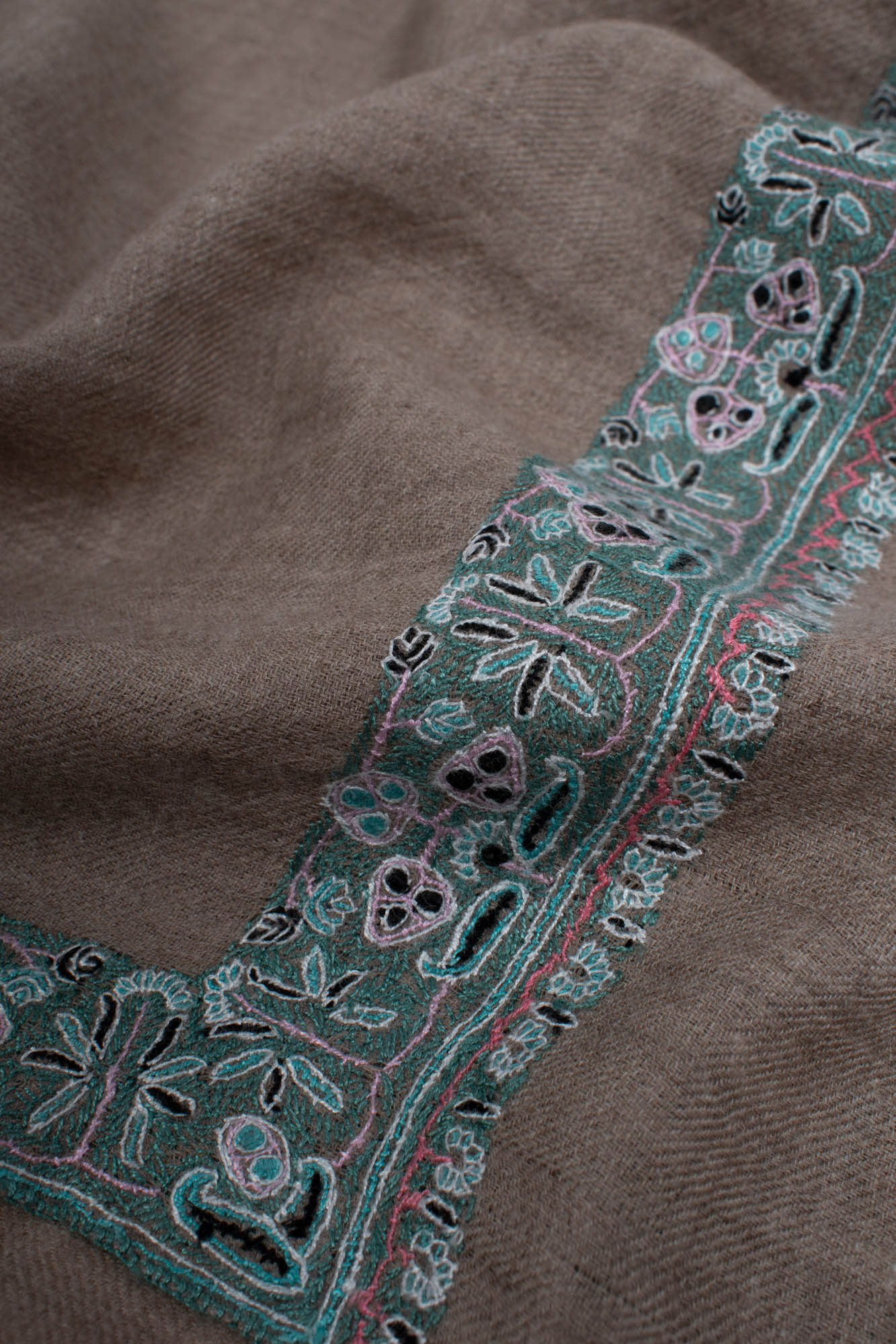 Gray Pashmina Scarf featuring Kashmir Embroidery in a subtle Blue Hue - PEMBROKE