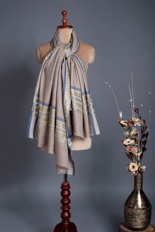 Gray Pashmina Shawl embellished with artistic Water Gold Tilla Embroidery.