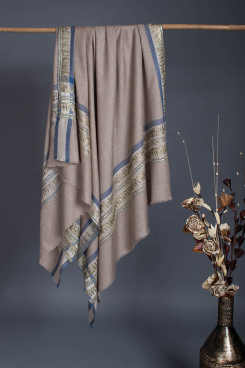 Gray Pashmina Shawl embellished with artistic Water Gold Tilla Embroidery.