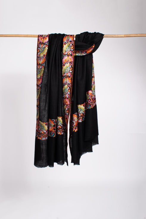 Black Floral Embroidered Pashmina Shawl - MARION