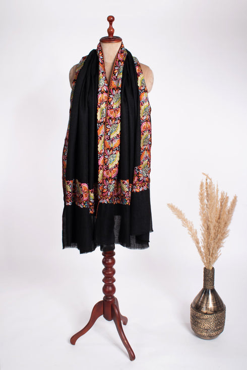Black Floral Embroidered Pashmina Shawl - MARION