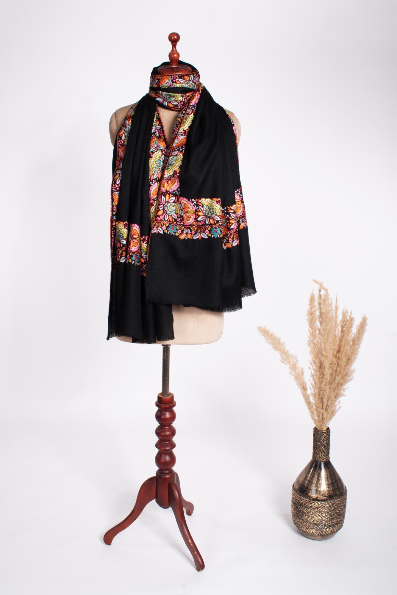 Black Floral Embroidered Pashmina Shawl - MARION