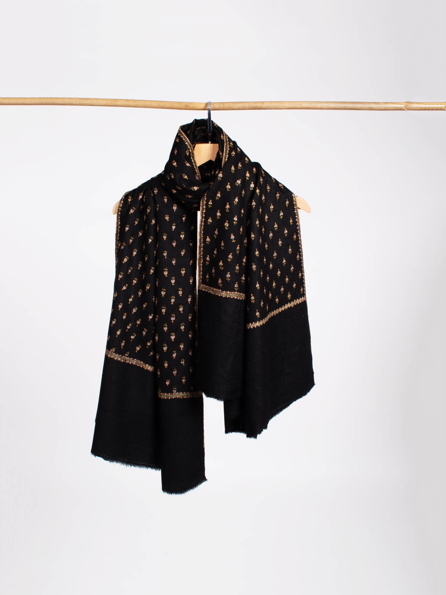 Hand Spun Delicately Embroidered Black Pashmina Shawl - ITHACA