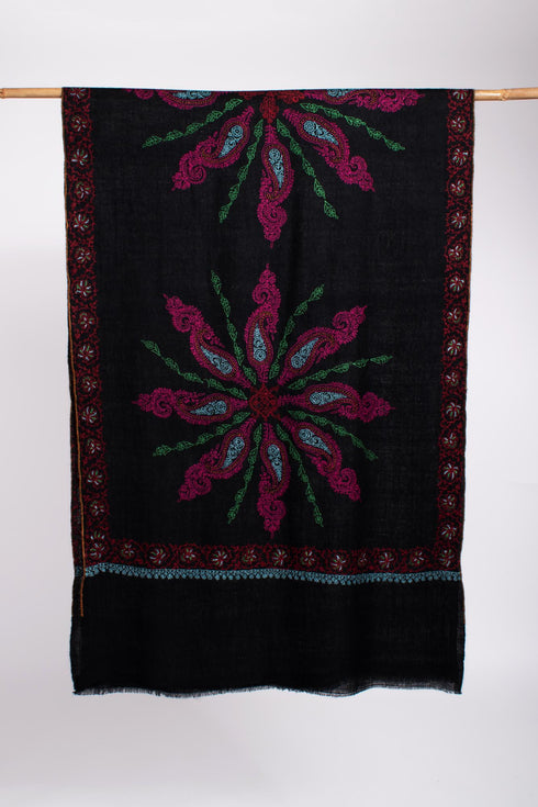 Hand Embroidered Sozni Kashmiri Cashmere Scarf in Black - ANDALUSIA