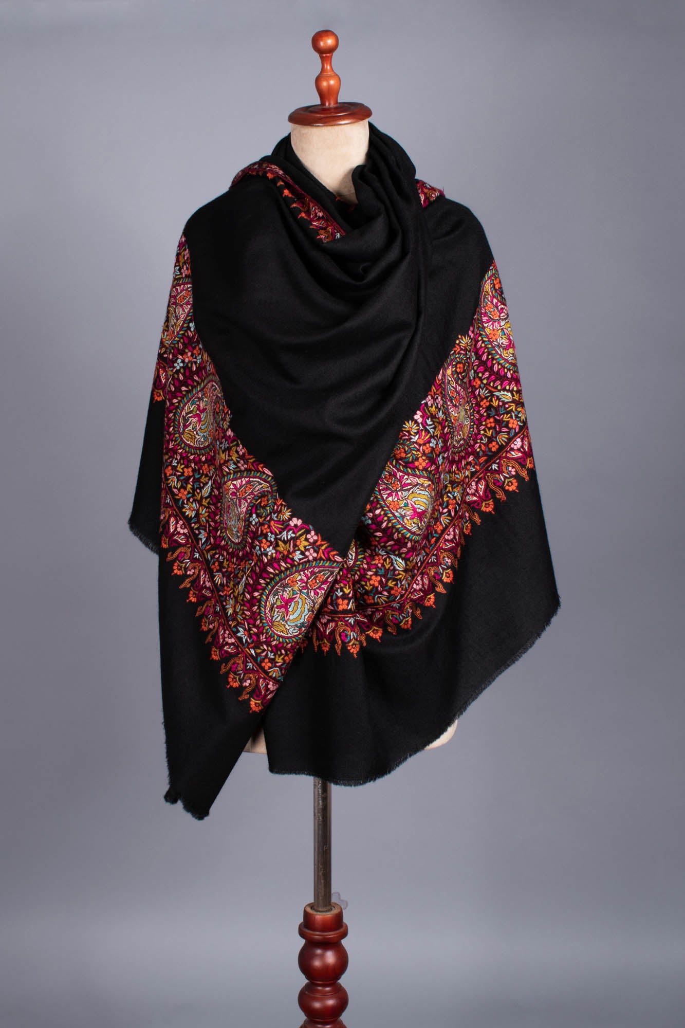 Black Pashmina Wrap with Hand Embroidered Paisley Palla - KERIS