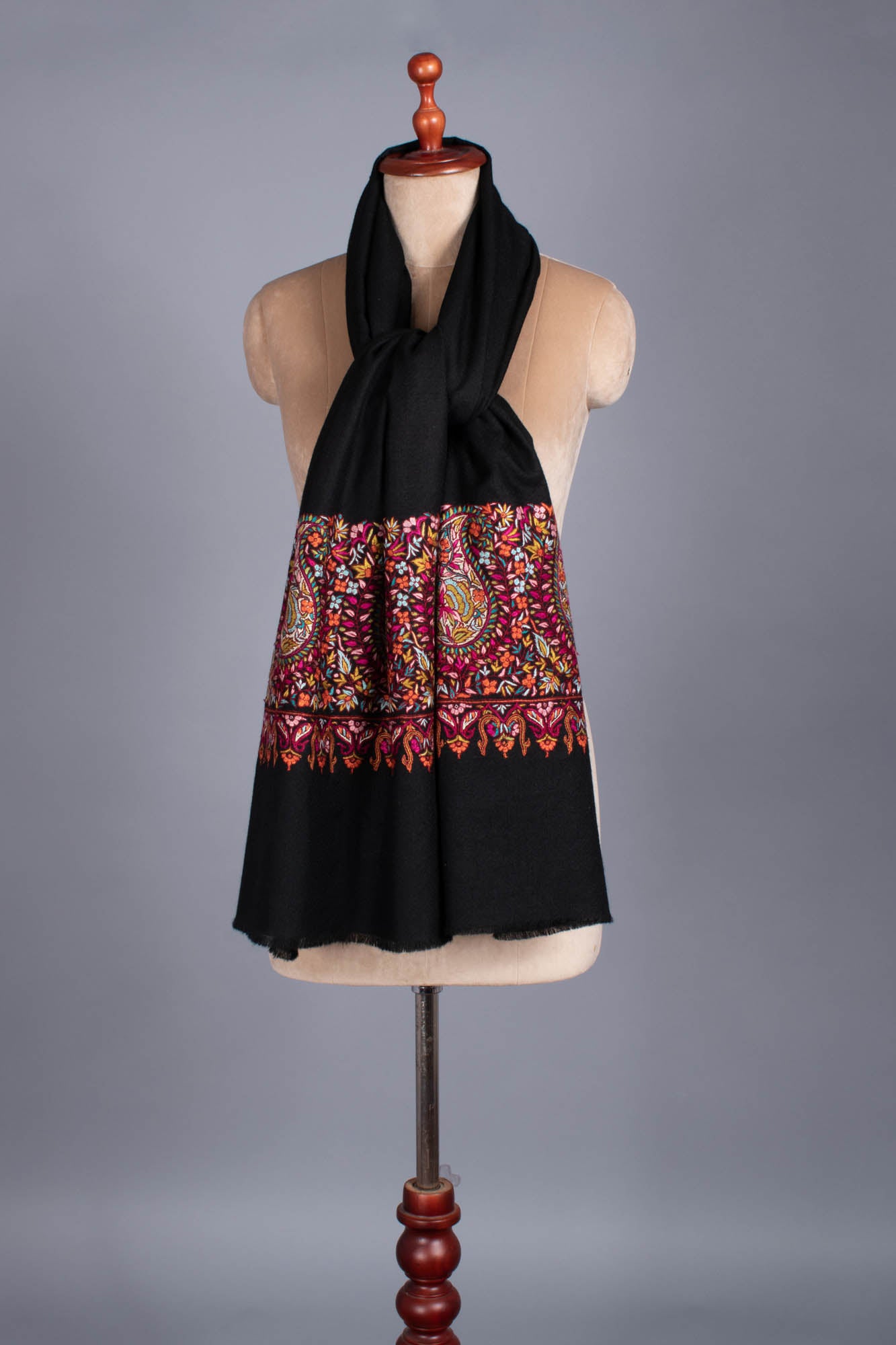 Black Pashmina Wrap with Hand Embroidered Paisley Palla - KERIS