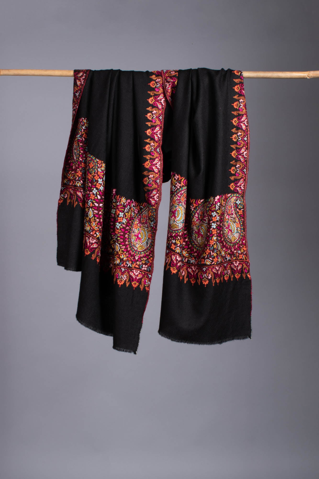 Black Pashmina Wrap with Hand Embroidered Paisley Palla - KERIS