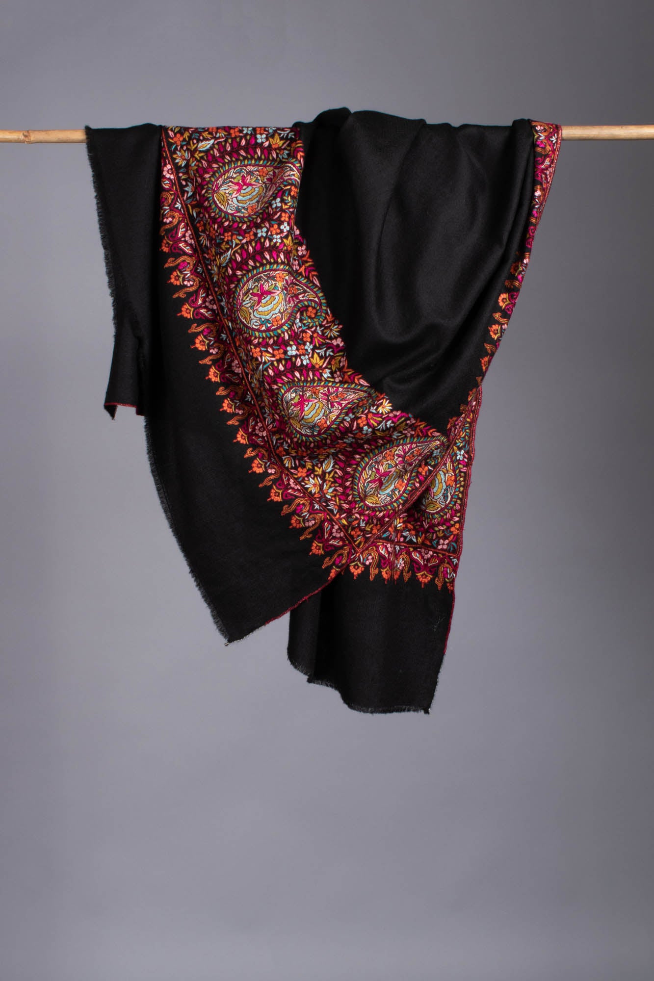 Black Pashmina Wrap with Hand Embroidered Paisley Palla - KERIS