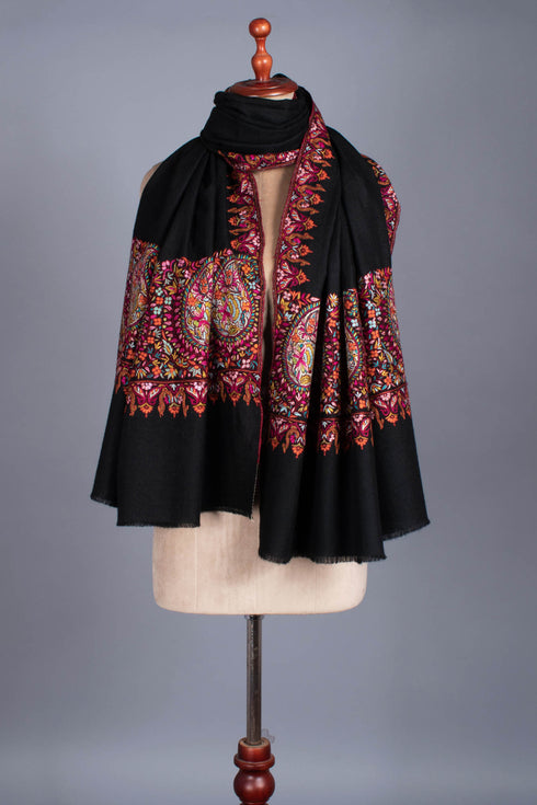 Black Pashmina Wrap with Hand Embroidered Paisley Palla - KERIS