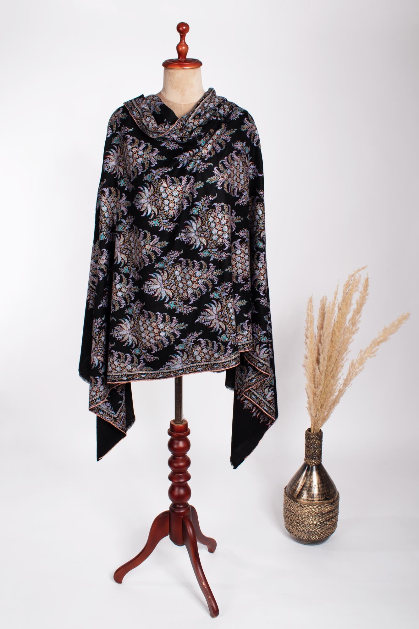 Black Embroidered Kashmiri Pashmina Shawl - MACCLESFIELD