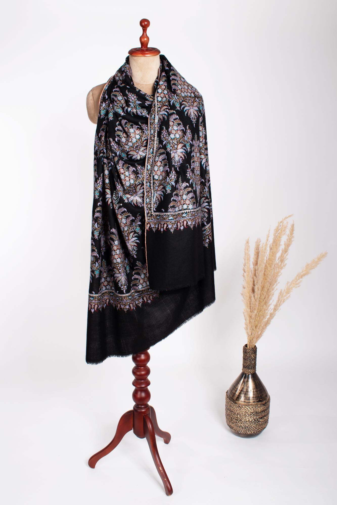 Black Embroidered Kashmiri Pashmina Shawl - MACCLESFIELD