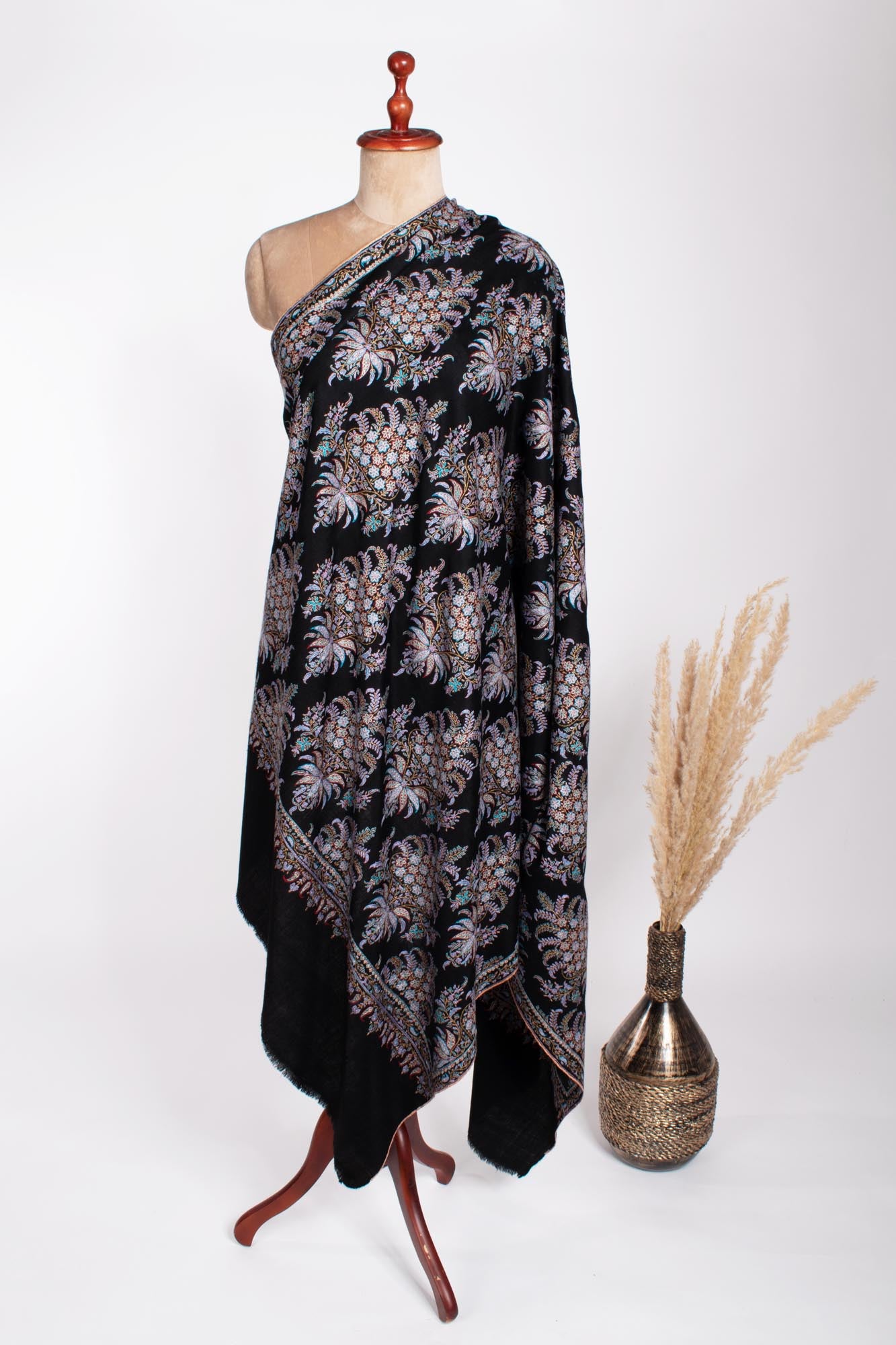 Black Embroidered Kashmiri Pashmina Shawl - MACCLESFIELD