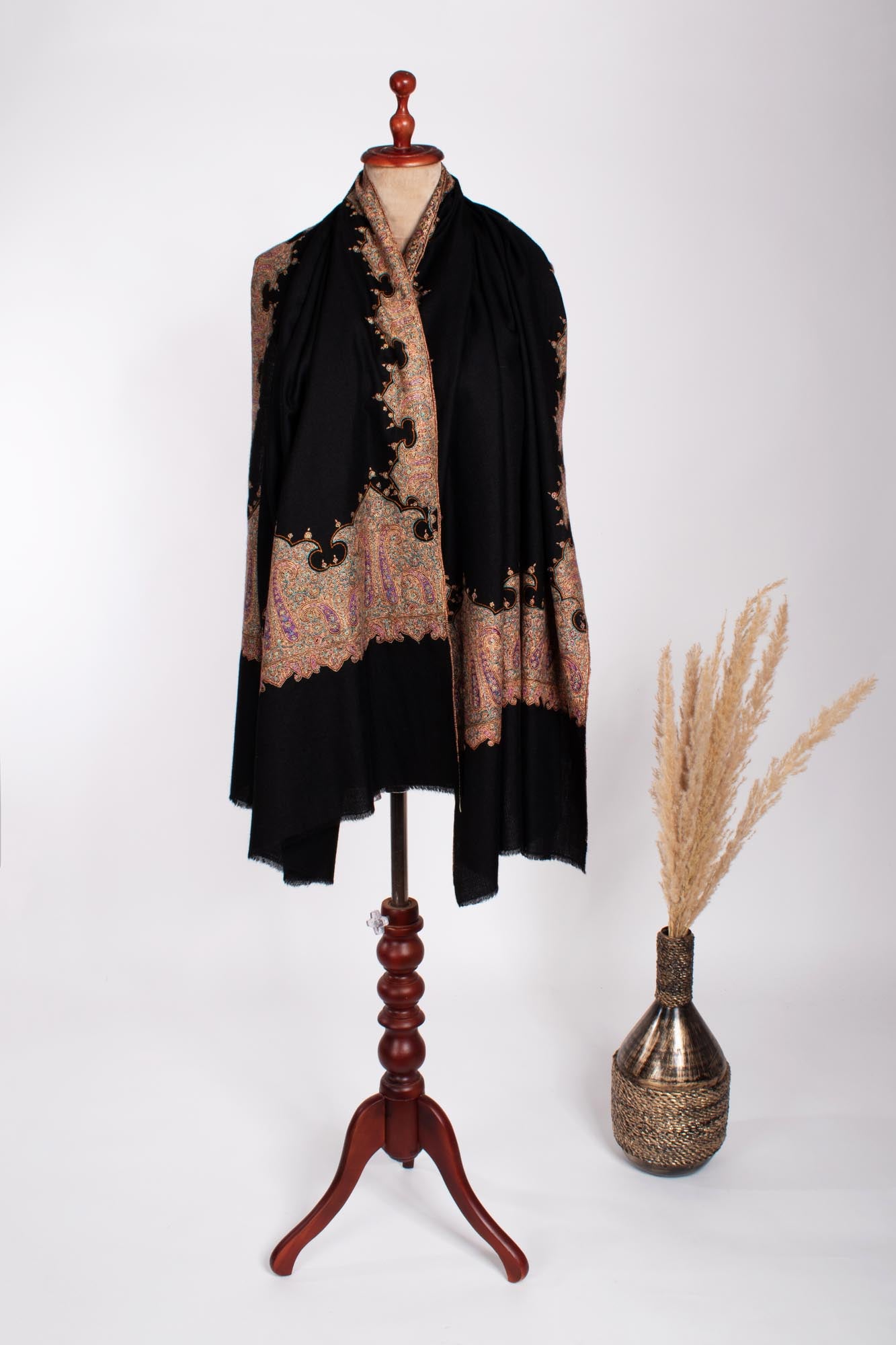 Black Kalandaur Hand Sozni Embroidered Pashmina Shawl - AMERSHAM