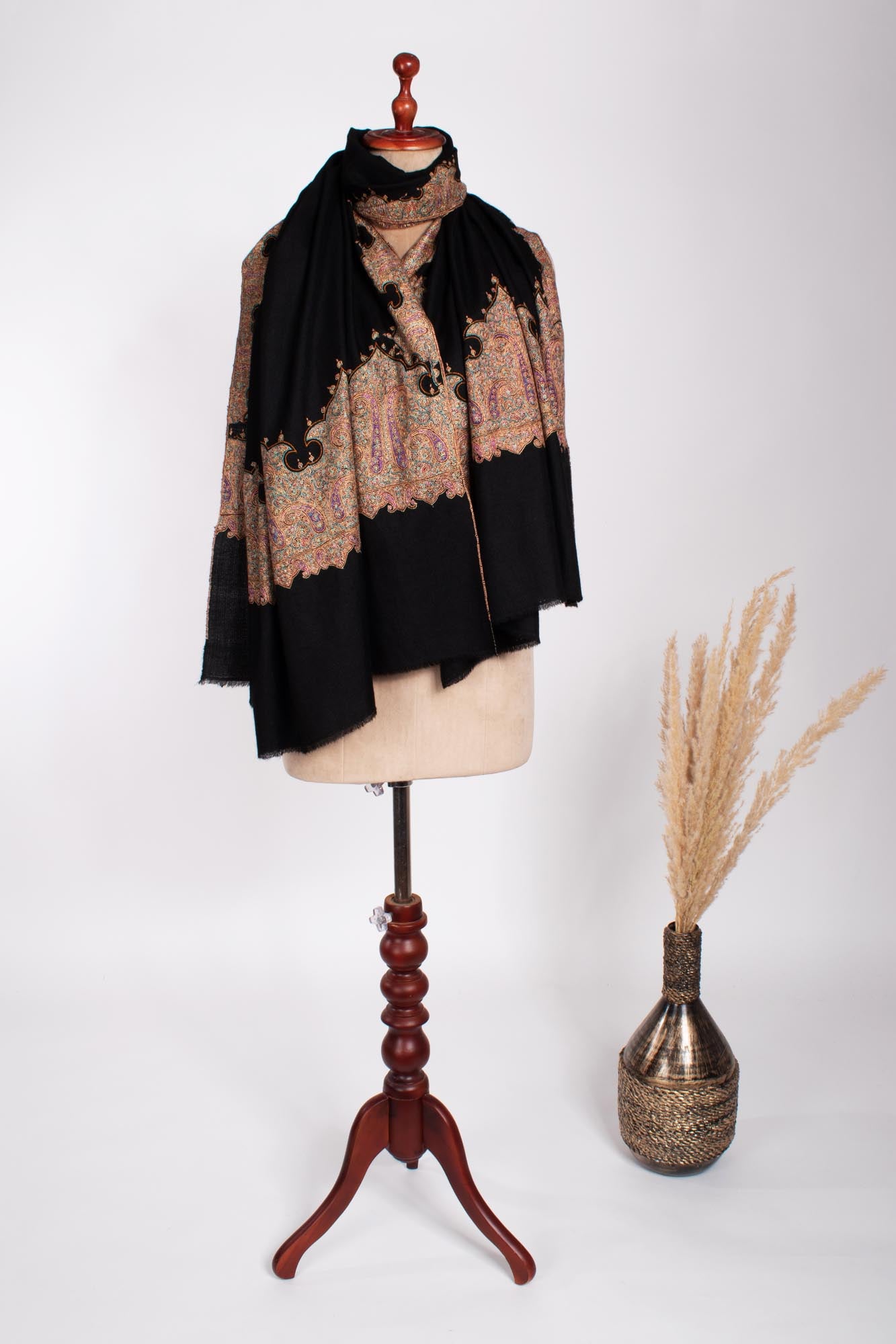 Black Kalandaur Hand Sozni Broidered Pashmina Shawl - Amersham