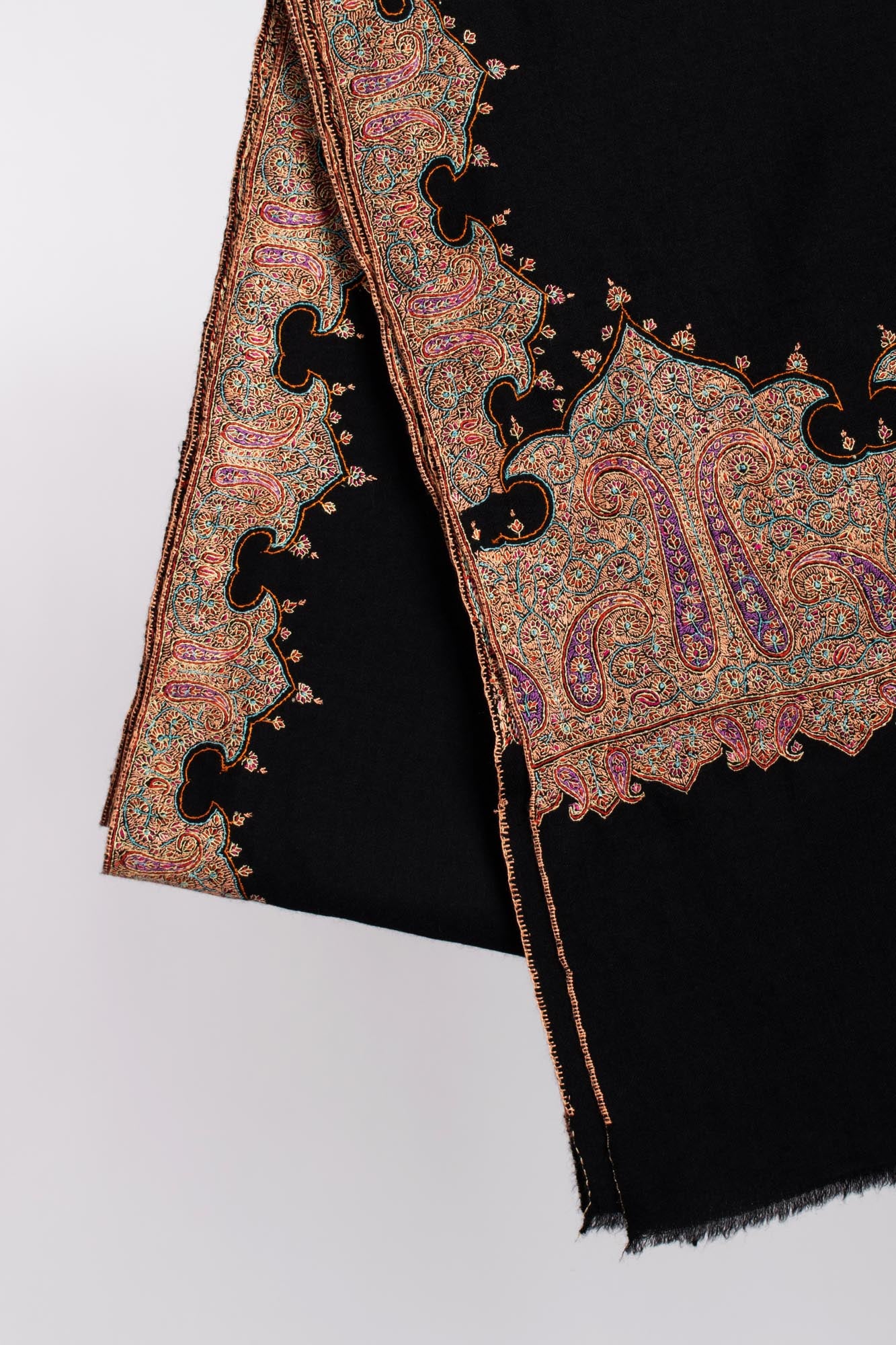 Black Kalandaur Hand Sozni Embroidered Pashmina Shawl - AMERSHAM