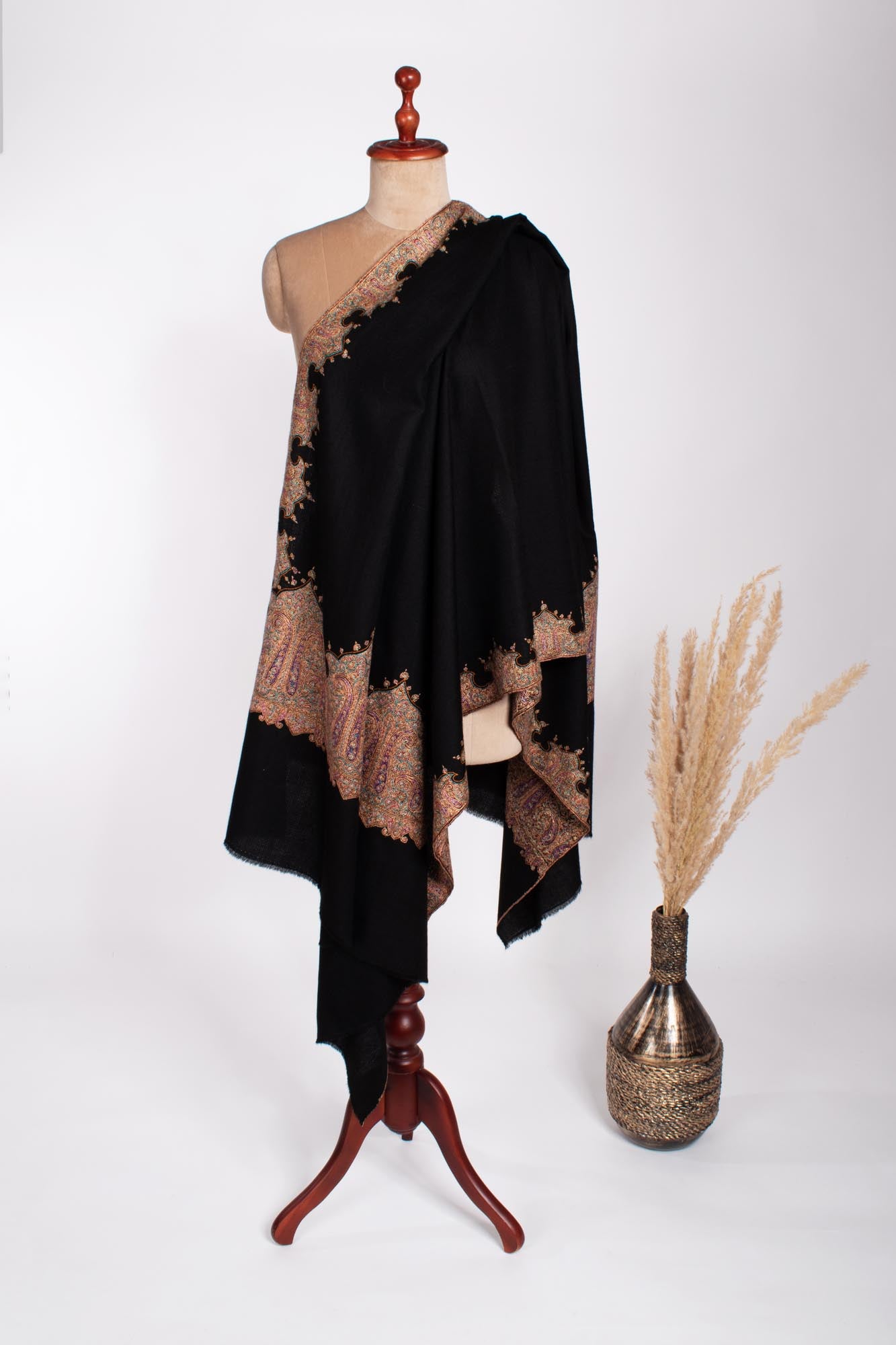 Black Kalandaur Hand Sozni Embroidered Pashmina Shawl - AMERSHAM