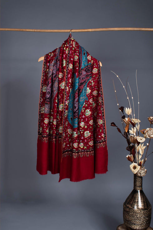 Blood Red Pashmina Embroidered with Paisley Paper machie - BANDARBAN
