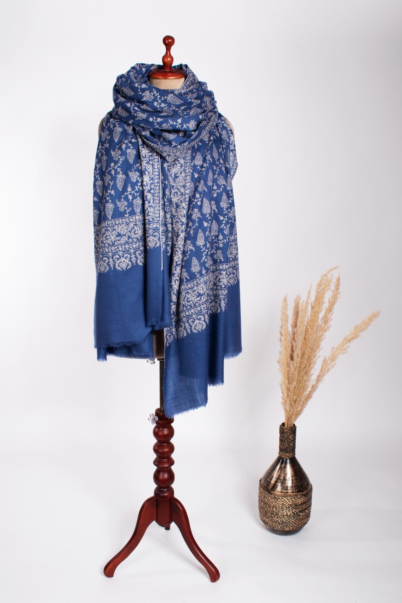 XL Kashmiri Pashmina with Blue Antique Embroidered Motif - AMBER