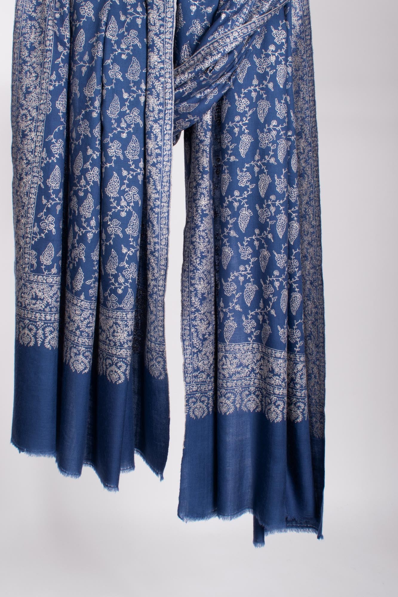 XL Kashmiri Pashmina with Blue Antique Embroidered Motif - AMBER