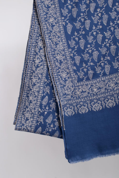 XL Kashmiri Pashmina with Blue Antique Embroidered Motif - AMBER