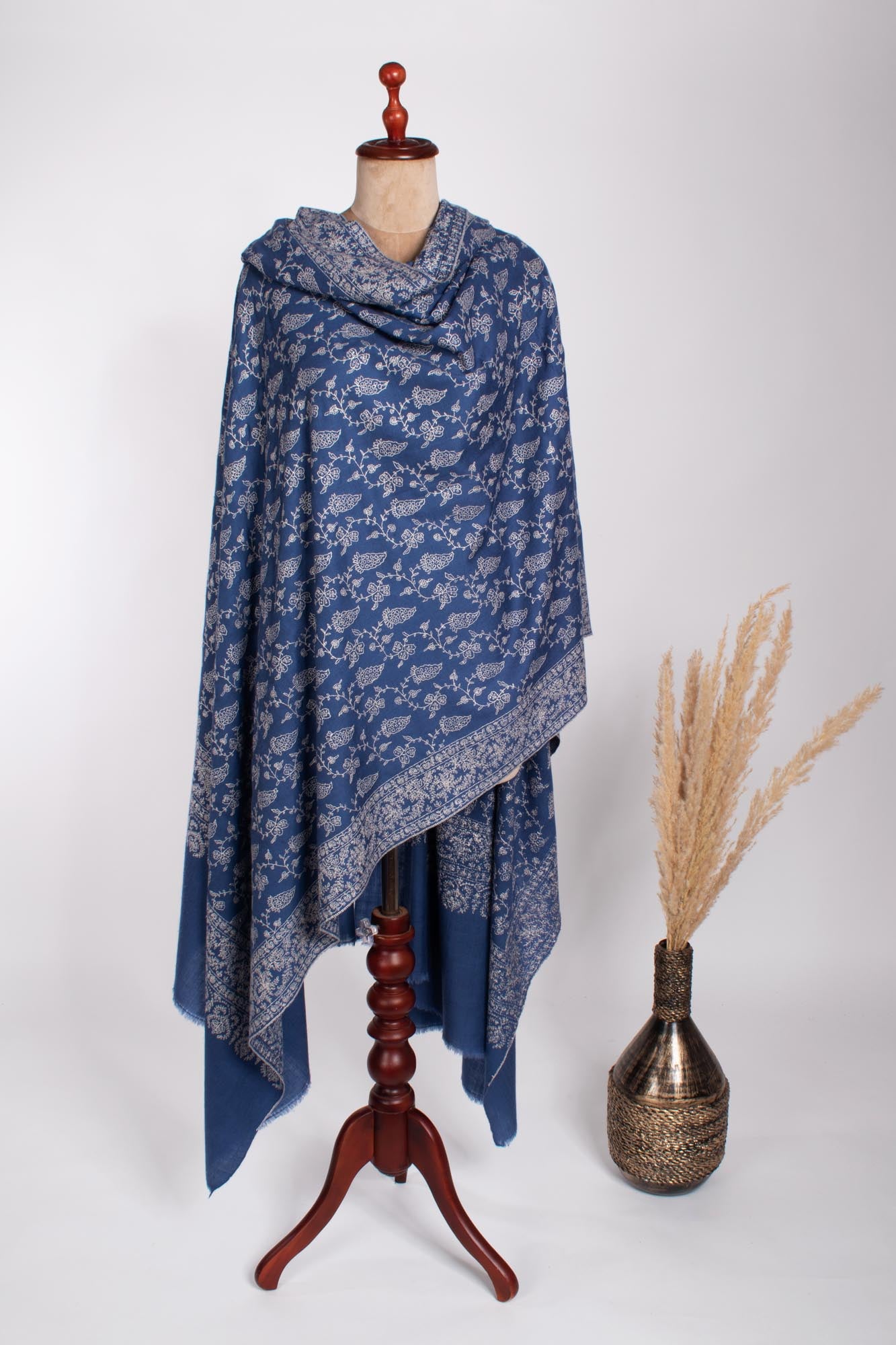 XL Kashmiri Pashmina with Blue Antique Embroidered Motif - AMBER