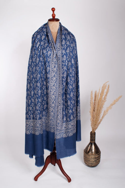 XL Kashmiri Pashmina with Blue Antique Embroidered Motif - AMBER
