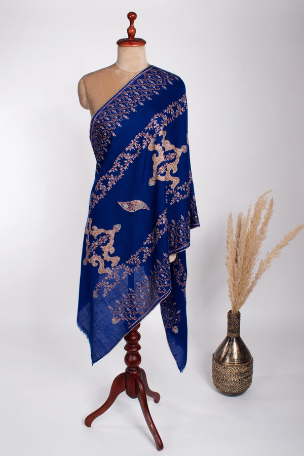 Blue Hand Embroidered Cashmere Neck Scarf - SOUTH