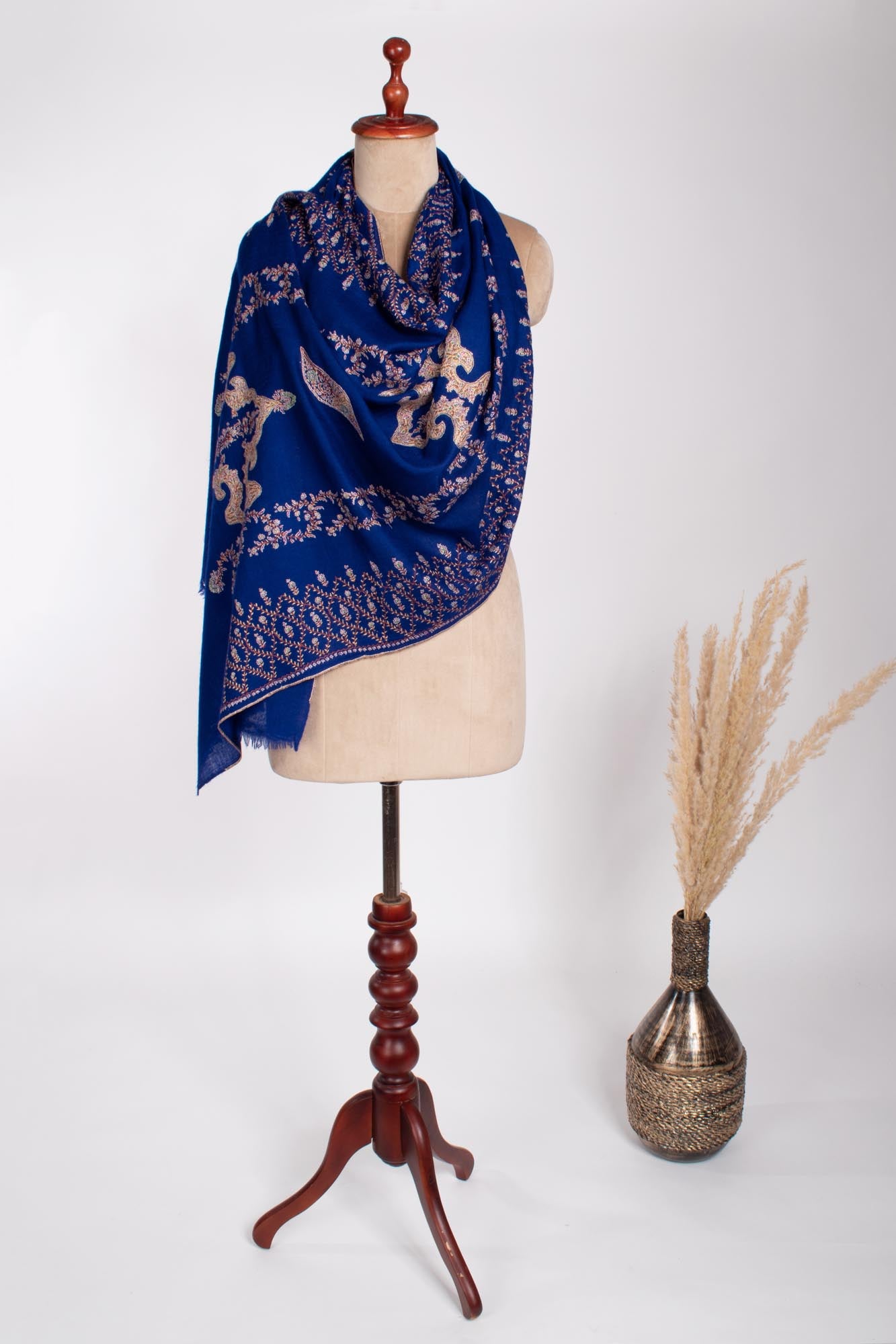 Blue Hand Embroidered Cashmere Neck Scarf - SOUTH