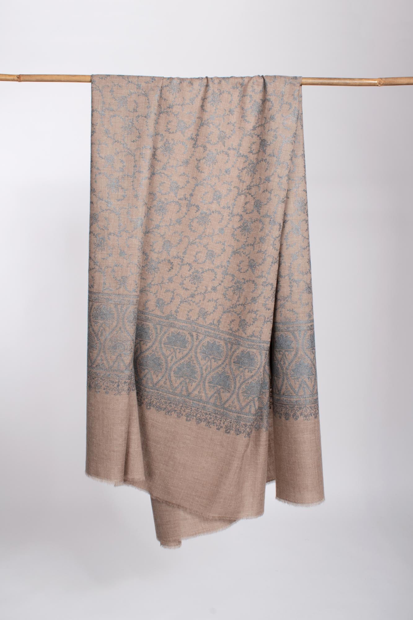 Blue Beige Embroidered Pashmina Wrap - KENDAL