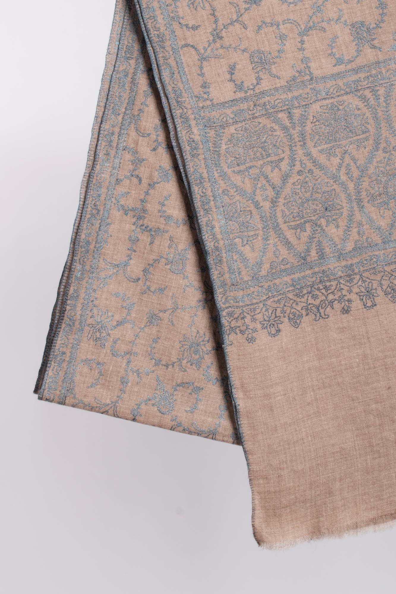 Blue Beige Embroidered Pashmina Wrap - KENDAL