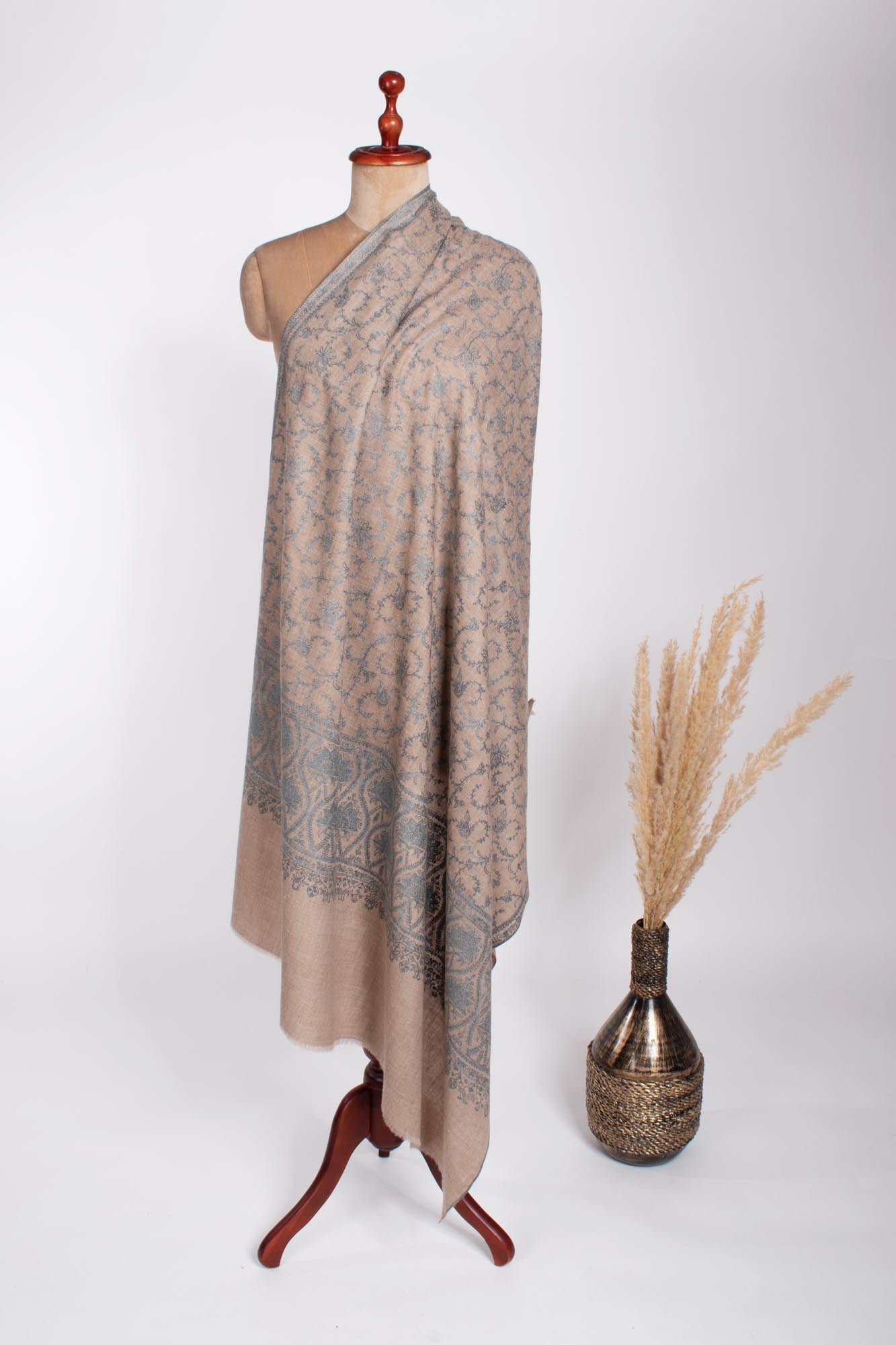 Blue Beige Embroidered Pashmina Wrap - KENDAL