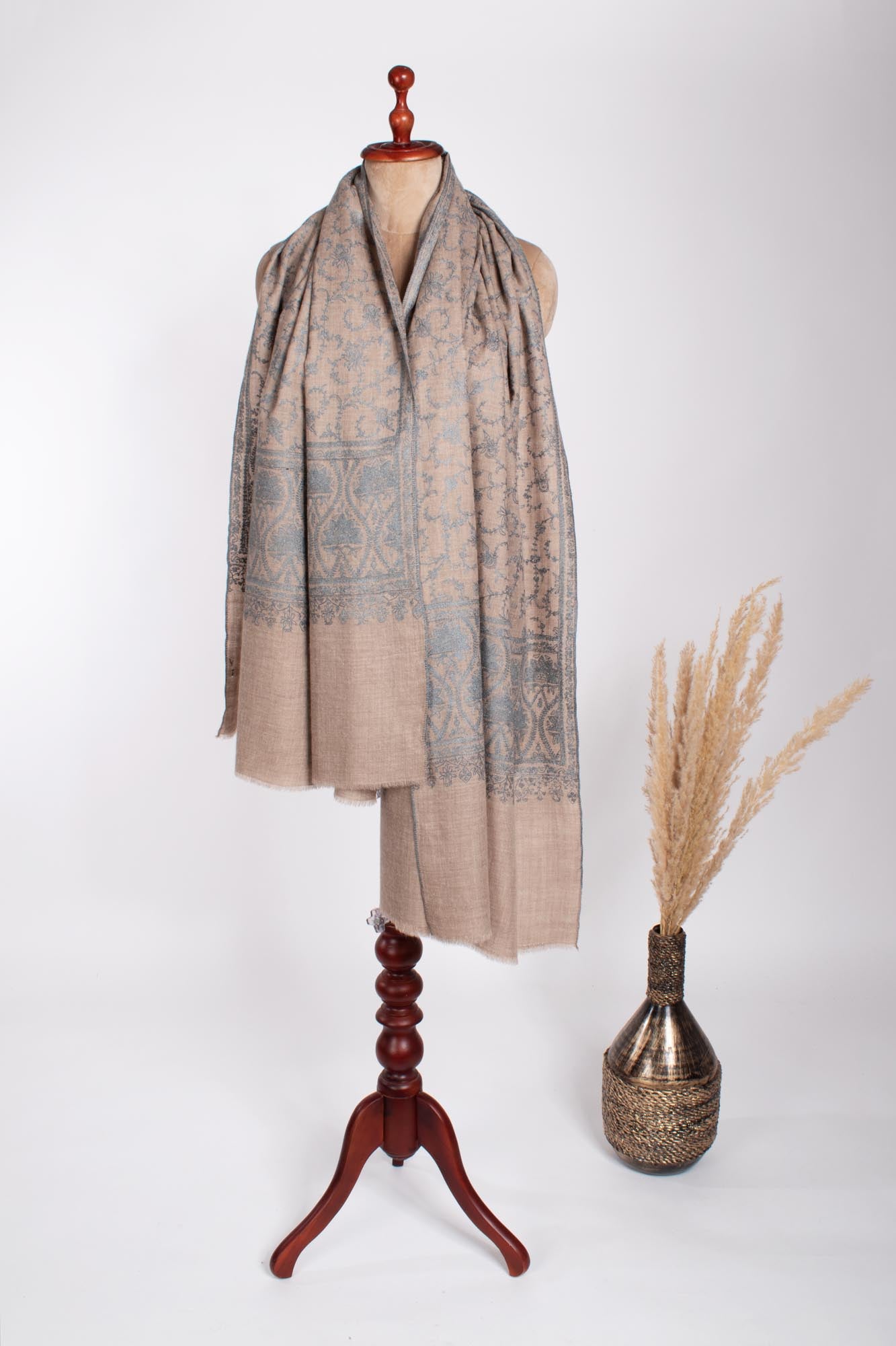 Blue Beige Embroidered Pashmina Wrap - KENDAL