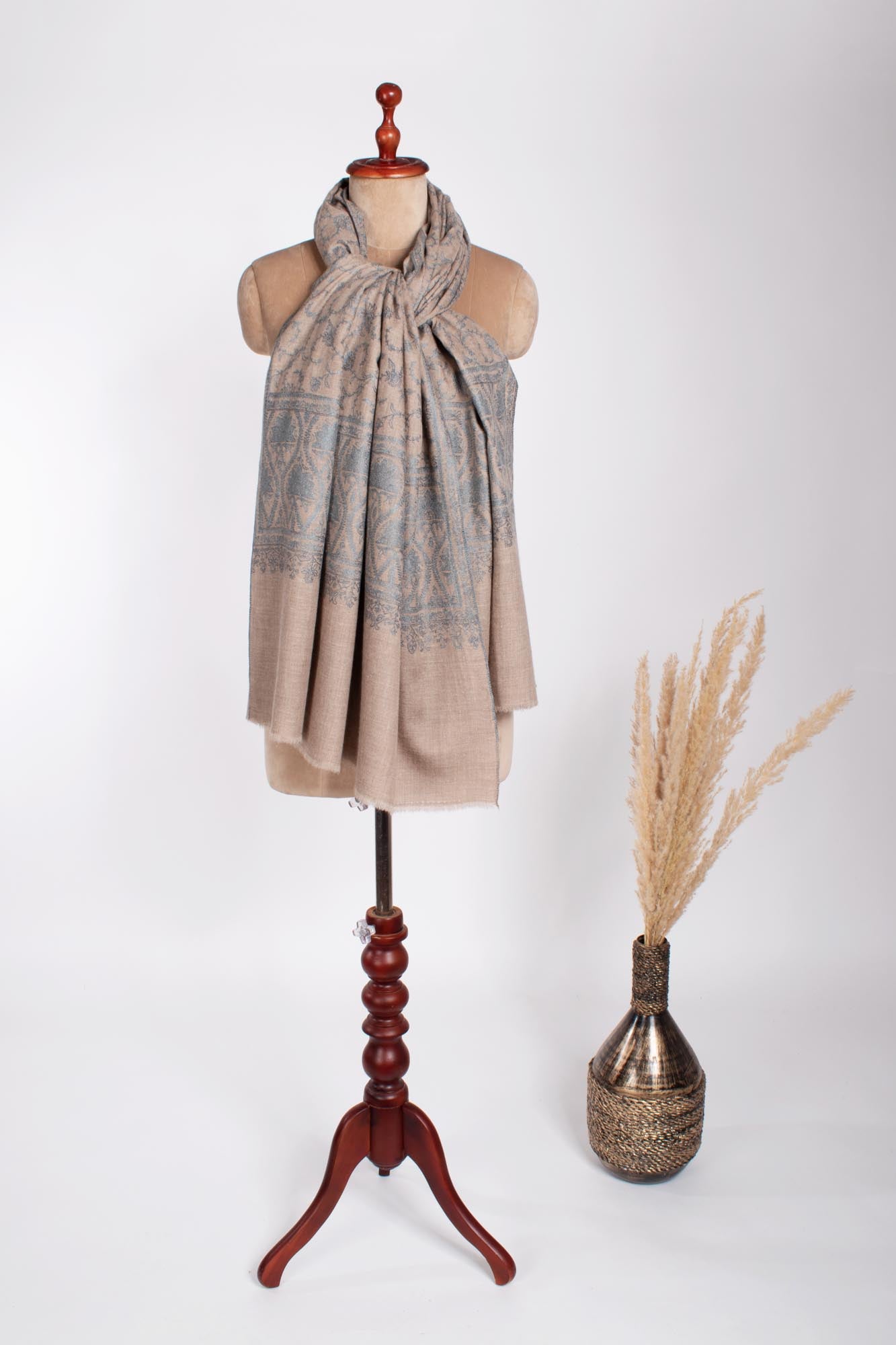 Blue Beige Embroidered Pashmina Wrap - KENDAL