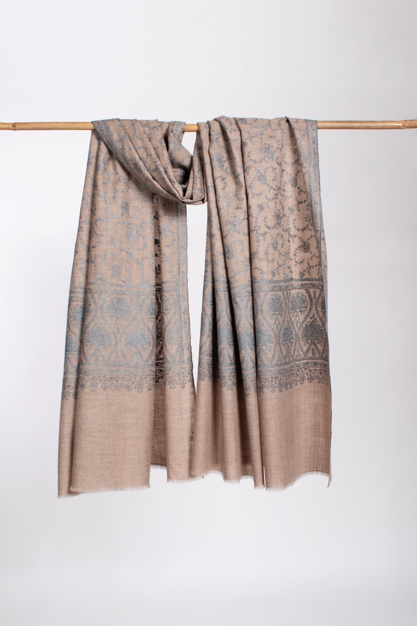 Blue Beige Embroidered Pashmina Wrap - KENDAL