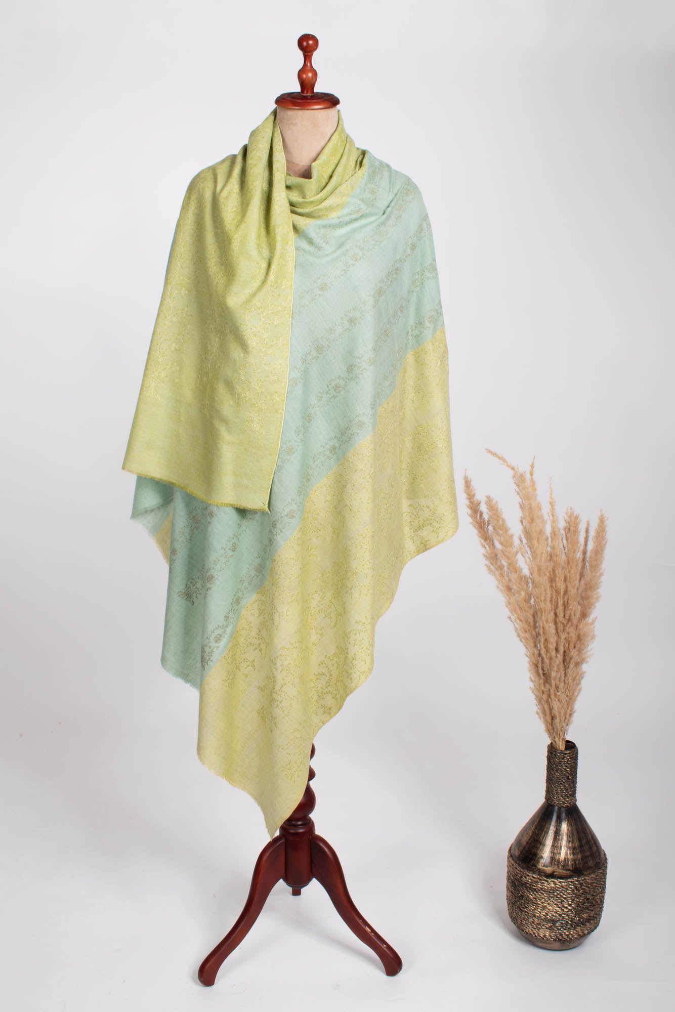 Pale Lime Yellow and Blue Kashmiri Pashmina Shawl - WAIMEA