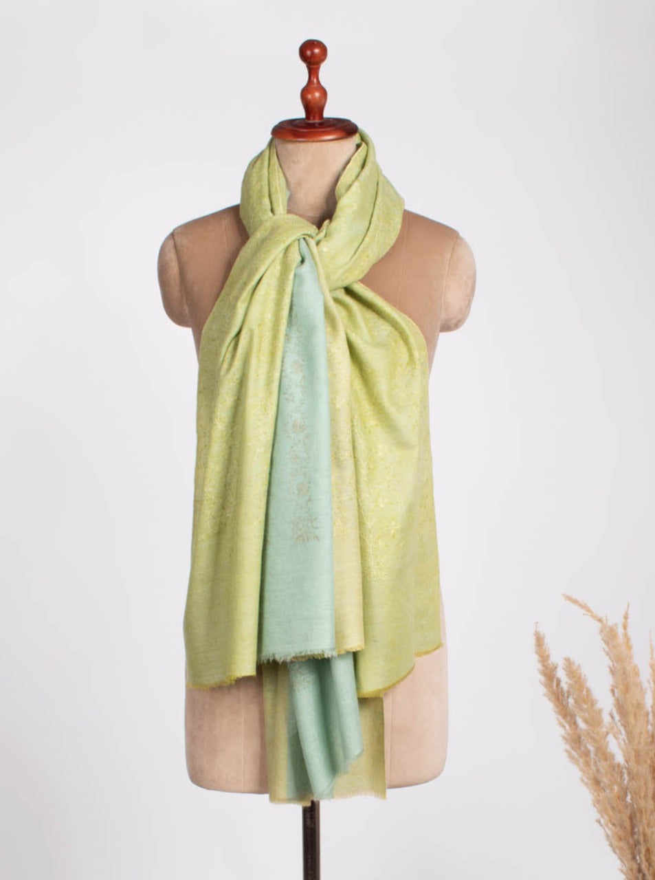 Scialle Pashmina Kashmir giallo lime pallido e blu - WAIMEA