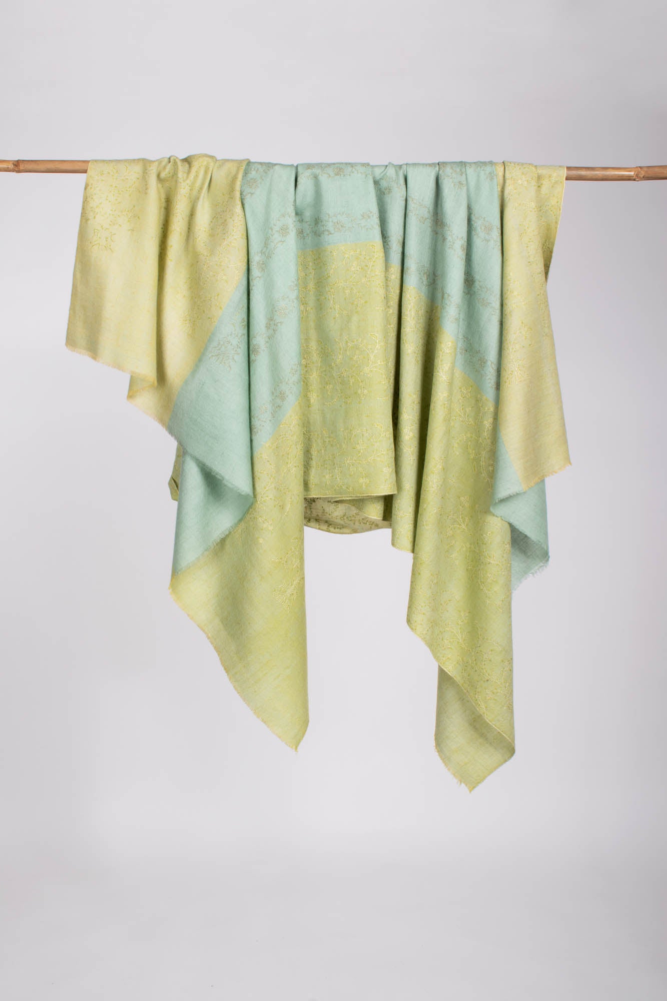 Pale Lime Yellow and Blue Kashmiri Pashmina Shawl - WAIMEA