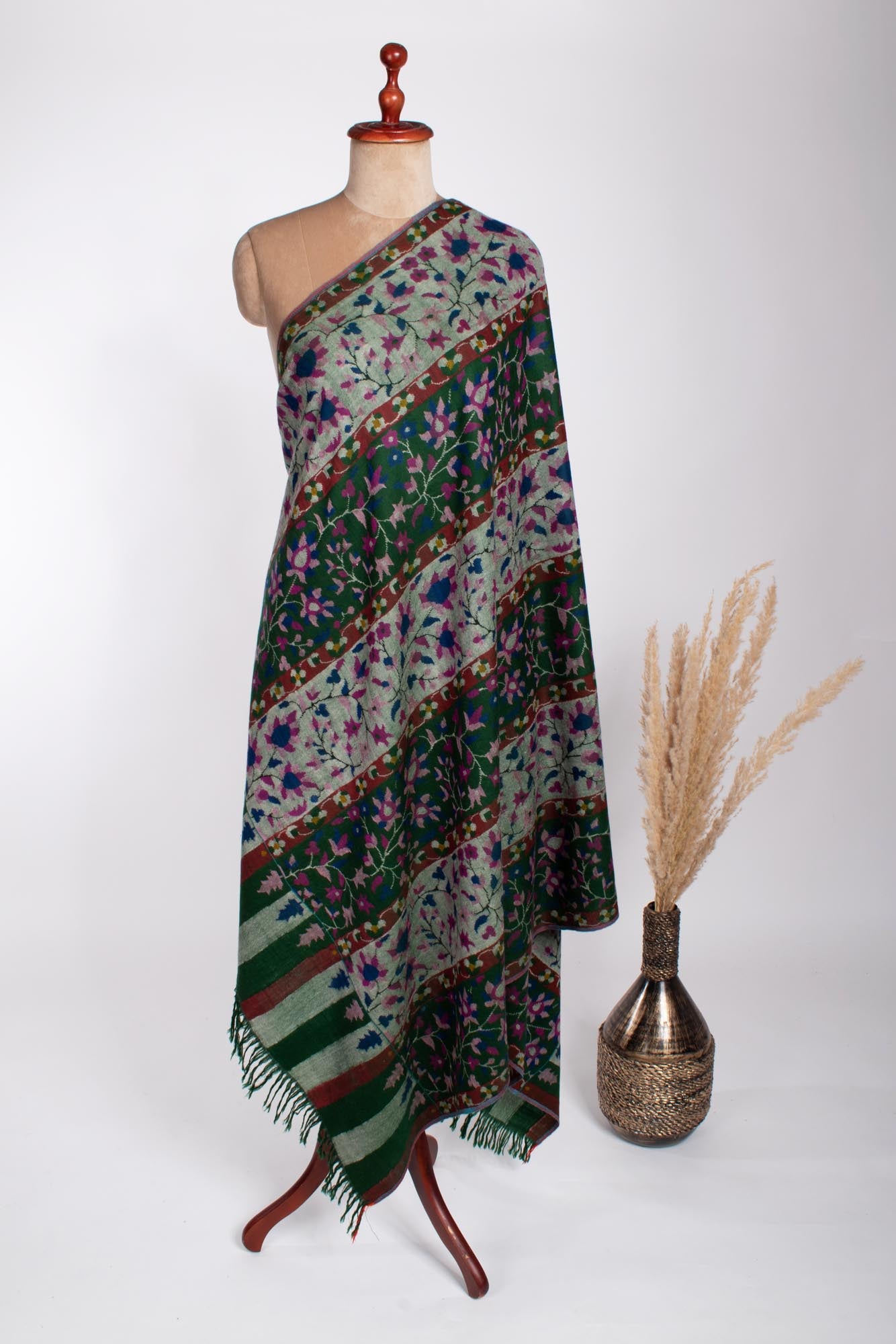 Botanical Green Handwoven Kani Pashmina Shawl - CREWE