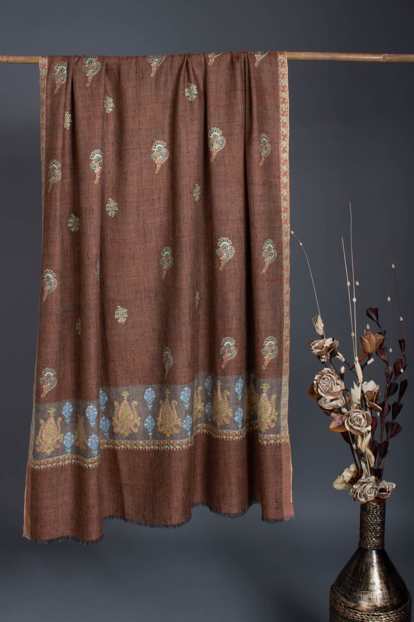 Khadi Brown Pashmina Palla Sozni - GANDHI