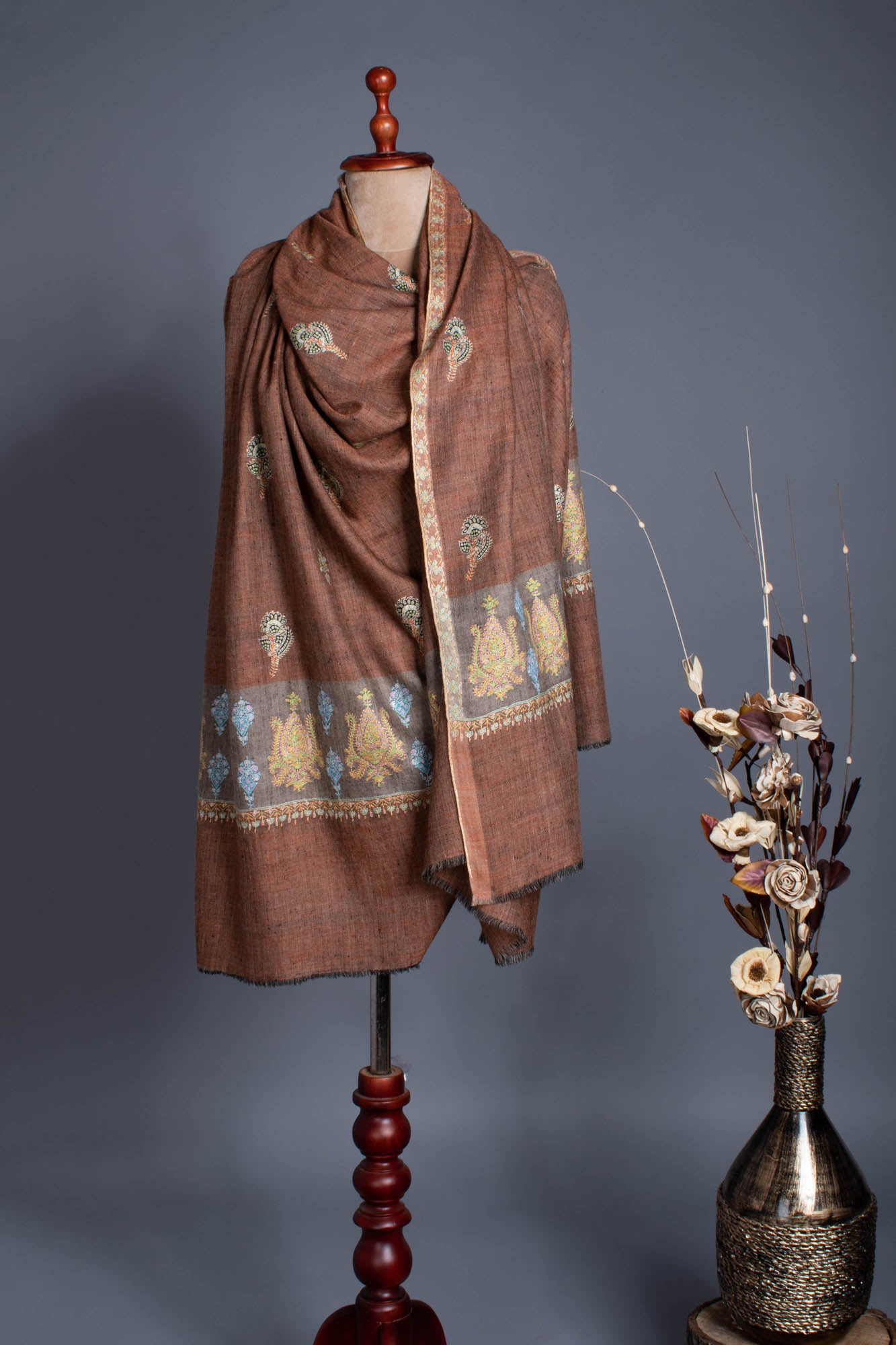 Khadi Brown Pashmina Palla Sozni - GANDHI