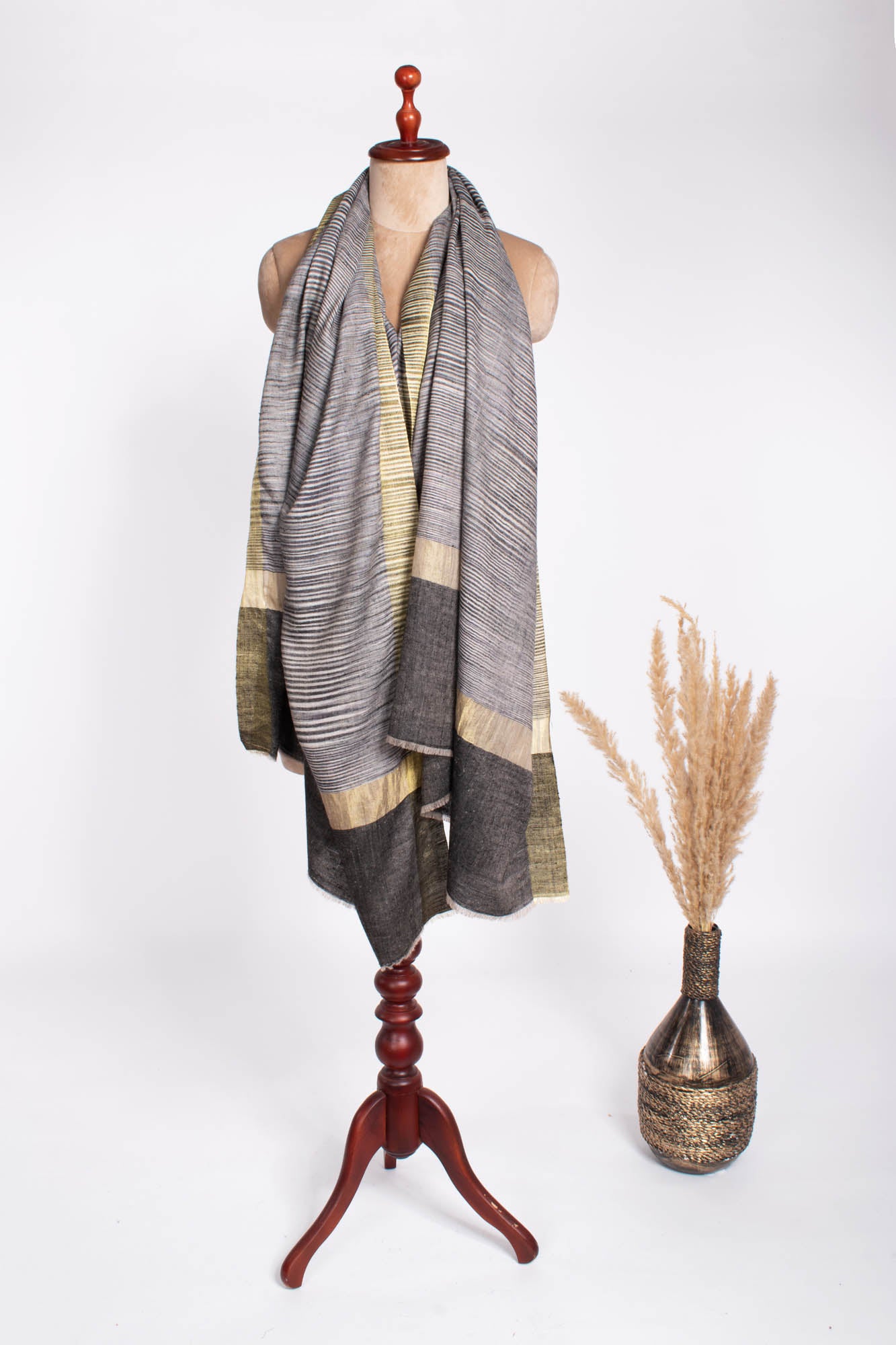 Carbon Black Ikat Cashmere Shawl Embellished with Zari - ABBOT