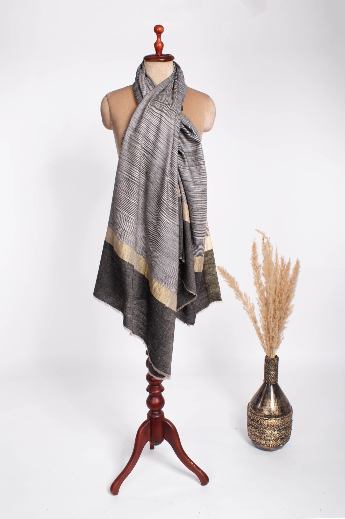 Carbon Black Ikat Cashmere Shawl Embellished with Zari - ABBOT