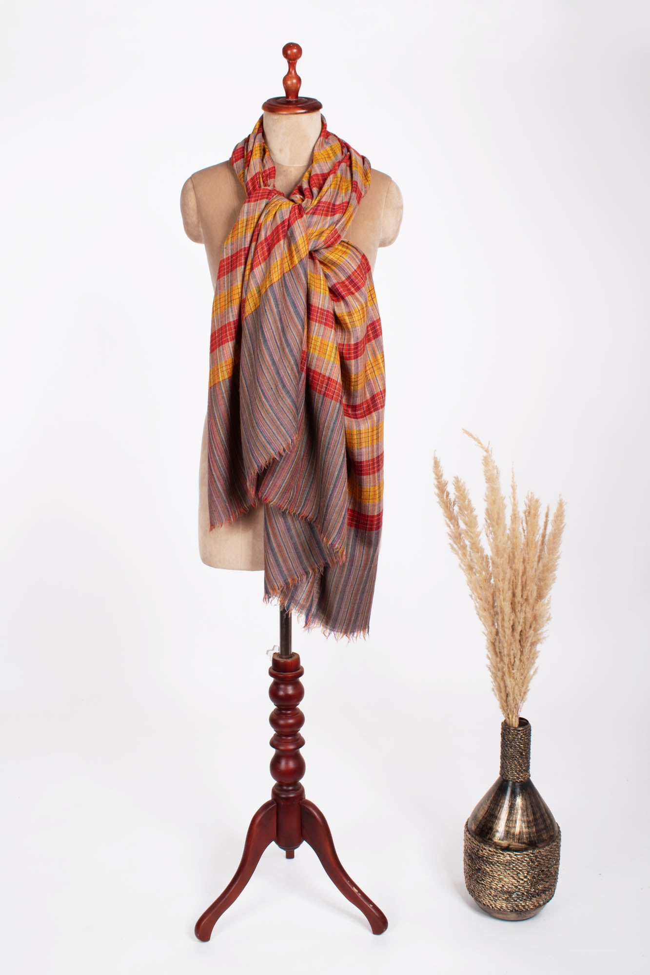 Scialle Pashmina in cashmere a righe con motivo check - WAHAIWA