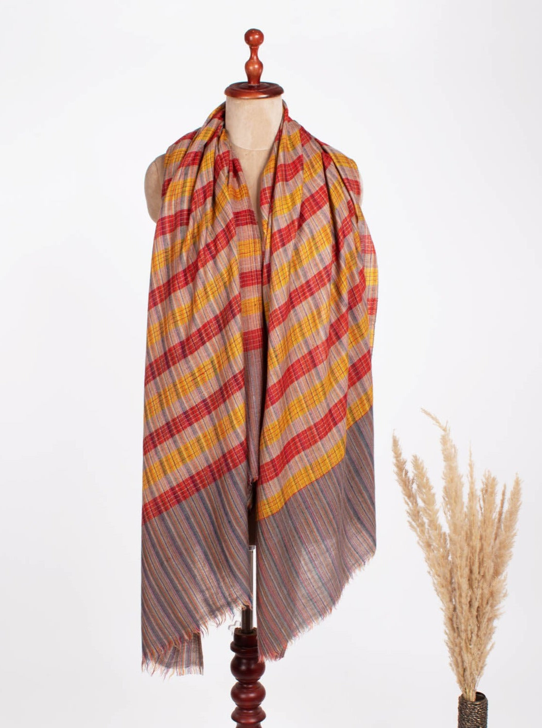 Scialle Pashmina in cashmere a righe con motivo check - WAHAIWA